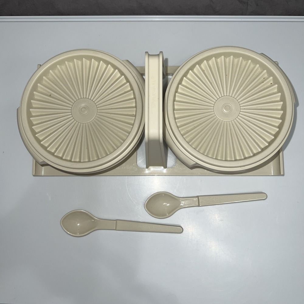 Tupperware Almond Servalier Jam & Jelly‎ Server Caddy 2 Bowls, Lids & Spoons